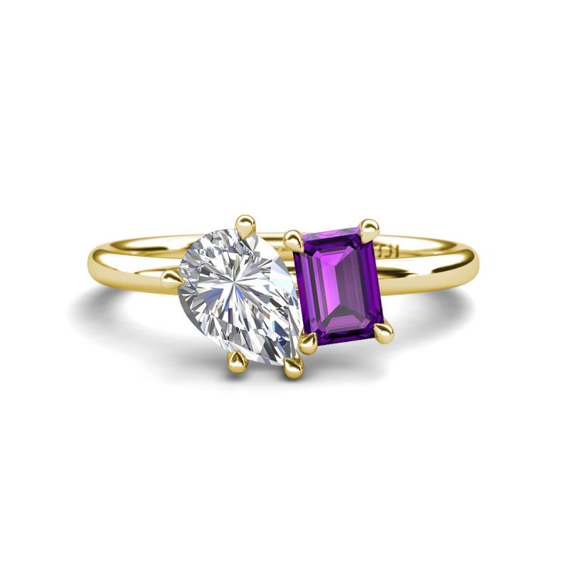 Nadya Pear Shape GIA Certified Diamond & Emerald Shape Amethyst 2 Stone Duo Ring 