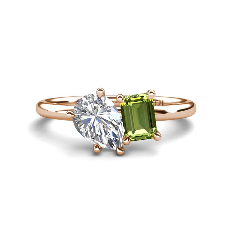 Nadya Pear Shape GIA Certified Diamond & Emerald Shape Peridot 2 Stone Duo Ring 