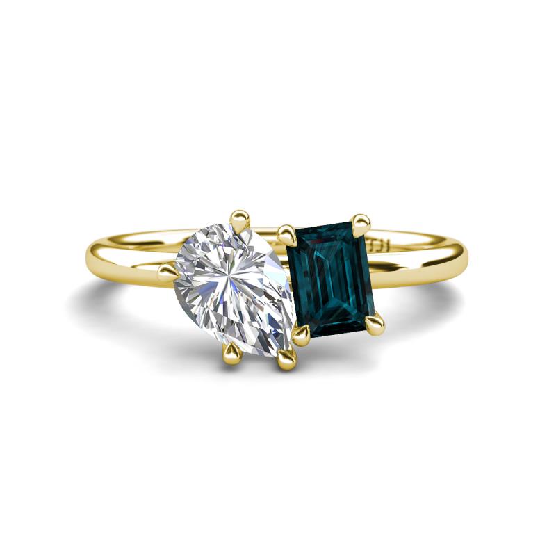 Nadya Pear Shape GIA Certified Diamond & Emerald Shape London Blue Topaz 2 Stone Duo Ring 