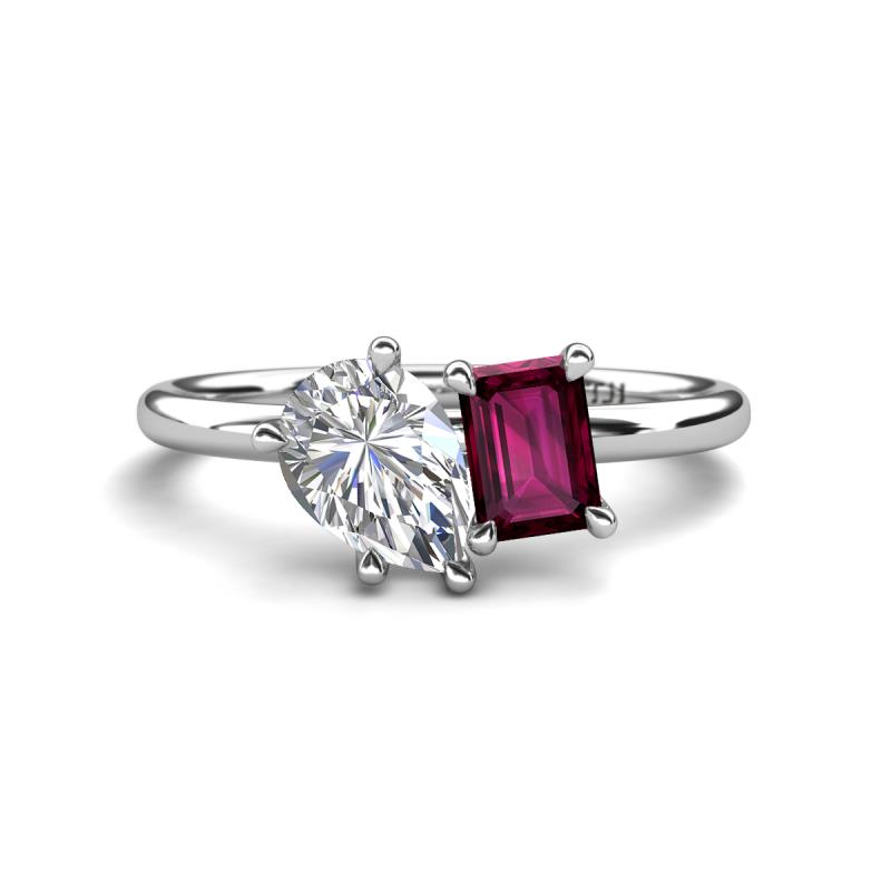 Nadya Pear Shape GIA Certified Diamond & Emerald Shape Rhodolite Garnet 2 Stone Duo Ring 