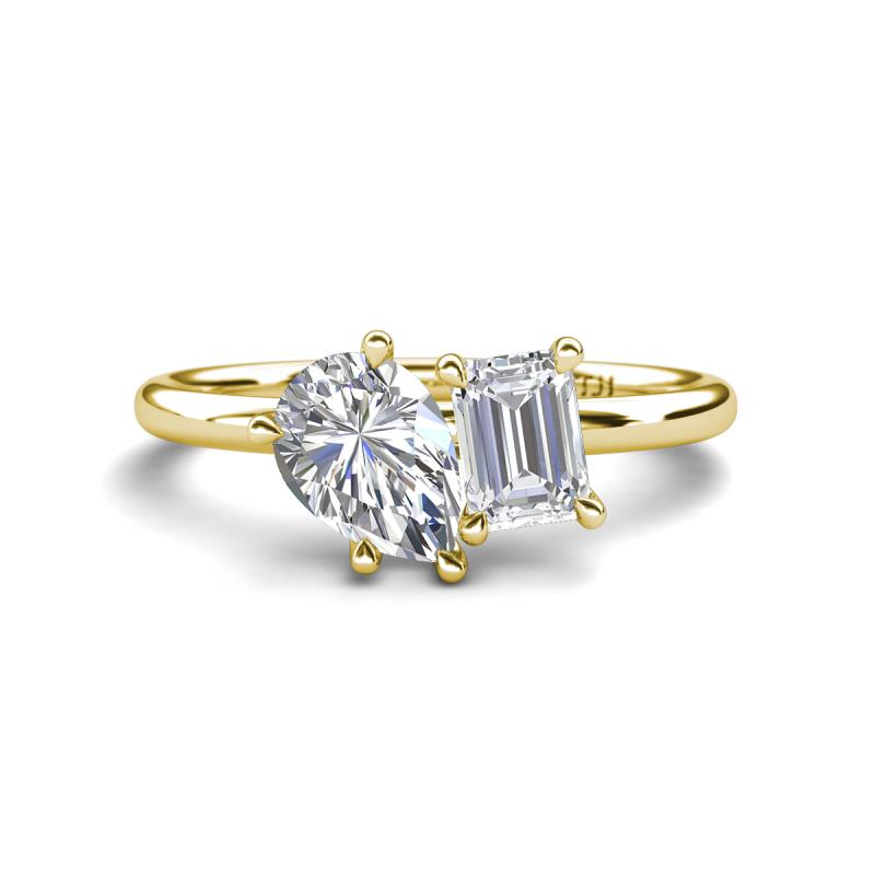 Nadya Pear Shape GIA Certified Diamond & Emerald Shape White Sapphire 2 Stone Duo Ring 