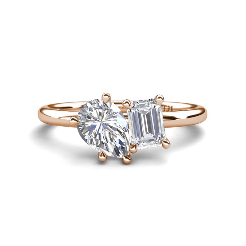 Nadya Pear Shape GIA Certified Diamond & Emerald Shape White Sapphire 2 Stone Duo Ring 