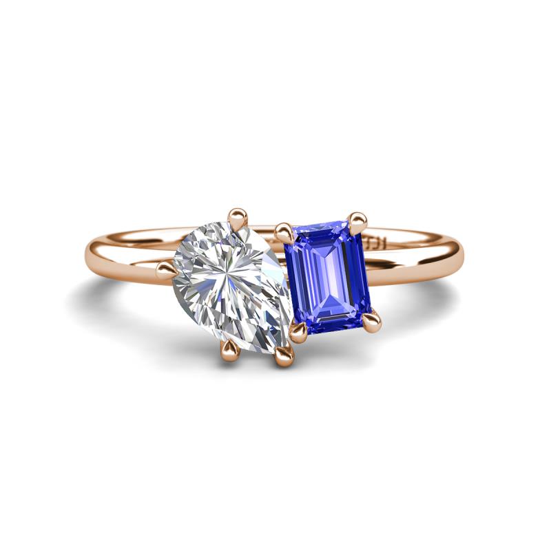 Nadya Pear Shape GIA Certified Diamond & Emerald Shape Tanzanite 2 Stone Duo Ring 