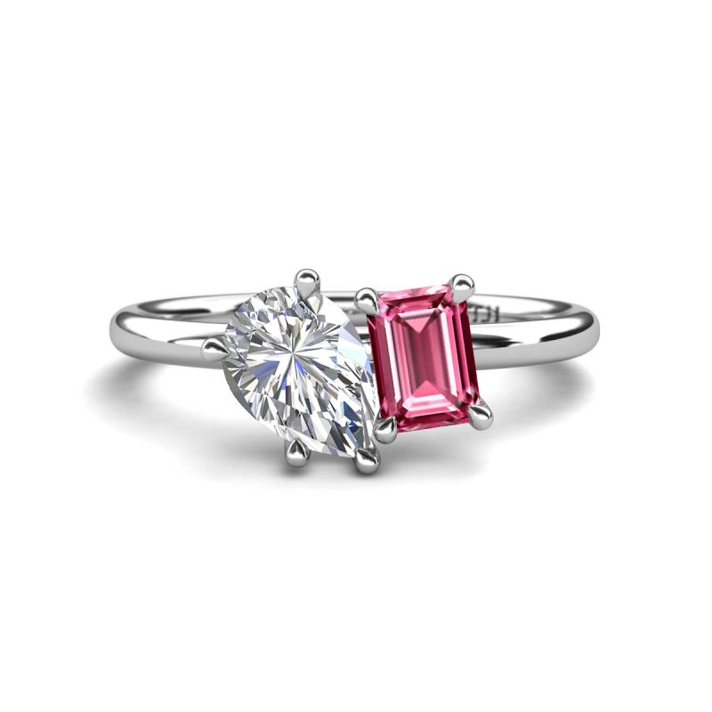 Nadya Pear Shape GIA Certified Diamond & Emerald Shape Pink Tourmaline 2 Stone Duo Ring 