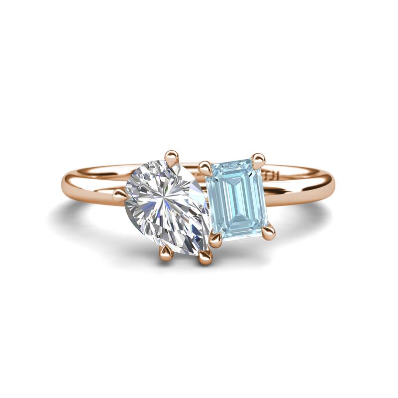 Nadya Pear Shape GIA Certified Diamond & Emerald Shape Aquamarine 2 Stone Duo Ring 