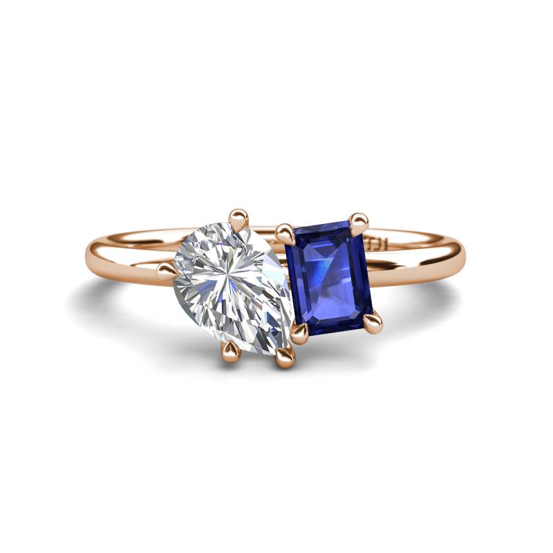 Nadya Pear Shape GIA Certified Diamond & Emerald Shape Iolite 2 Stone Duo Ring 