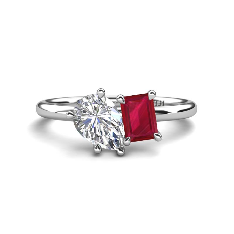 Nadya Pear Shape GIA Certified Diamond & Emerald Shape Ruby 2 Stone Duo Ring 