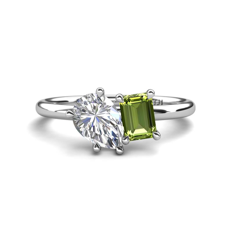 Nadya Pear Shape IGI Certified Lab Grown Diamond & Emerald Shape Peridot 2 Stone Duo Ring 