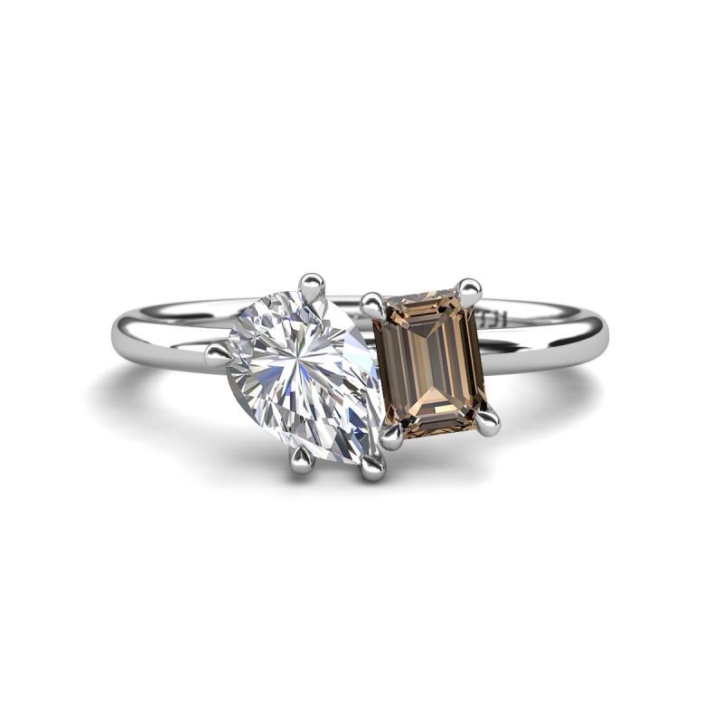 Nadya Pear Shape IGI Certified Lab Grown Diamond & Emerald Shape Smoky Quartz 2 Stone Duo Ring 
