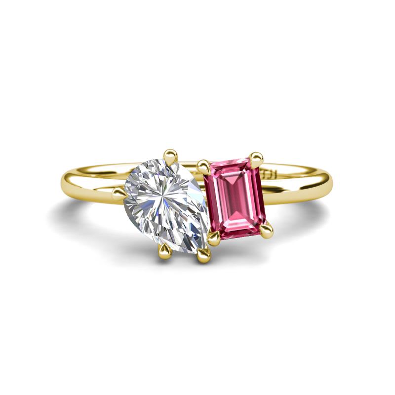 Nadya Pear Shape IGI Certified Lab Grown Diamond & Emerald Shape Pink Tourmaline 2 Stone Duo Ring 