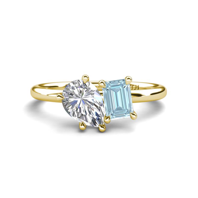 Nadya Pear Shape IGI Certified Lab Grown Diamond & Emerald Shape Aquamarine 2 Stone Duo Ring 