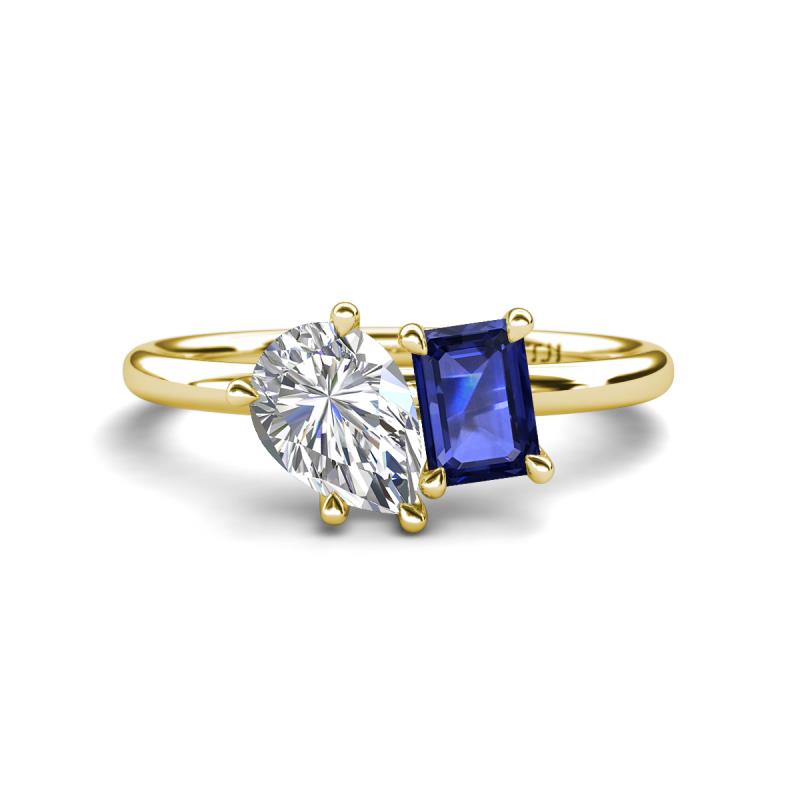 Nadya Pear Shape IGI Certified Lab Grown Diamond & Emerald Shape Iolite 2 Stone Duo Ring 
