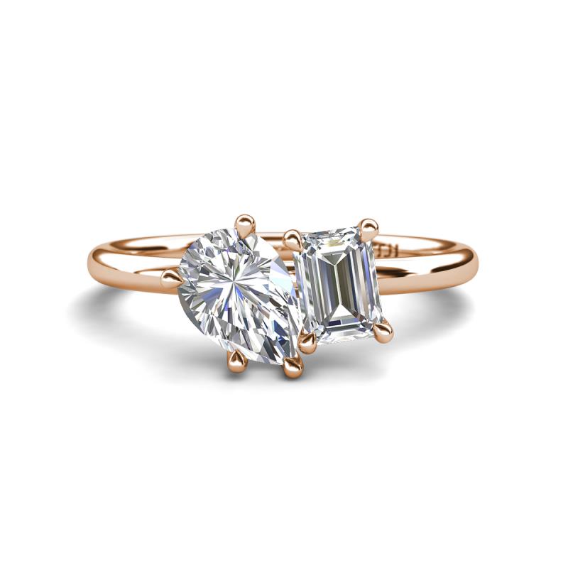 Nadya Pear Shape Forever Brilliant Moissanite & Emerald Shape GIA Certified Diamond 2 Stone Duo Ring 