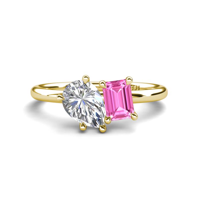 Nadya Pear Shape Forever Brilliant Moissanite & Emerald Shape Pink Sapphire 2 Stone Duo Ring 