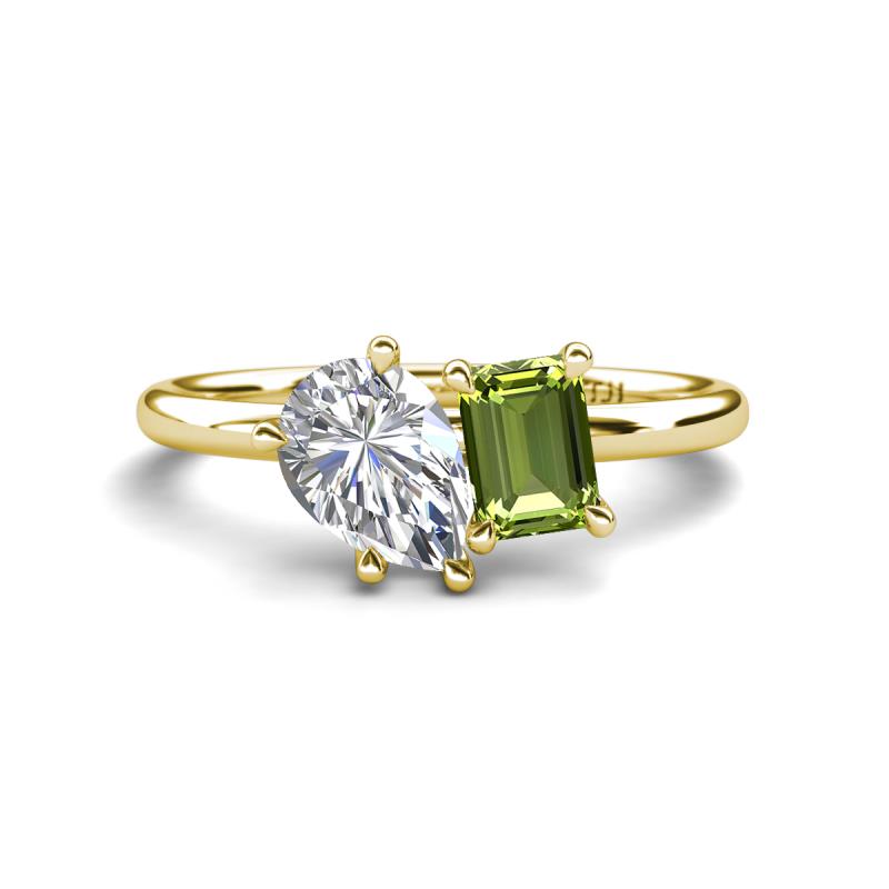Nadya Pear Shape Forever Brilliant Moissanite & Emerald Shape Peridot 2 Stone Duo Ring 