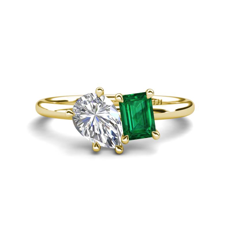 Nadya Pear Shape Forever Brilliant Moissanite & Emerald Shape Emerald 2 Stone Duo Ring 
