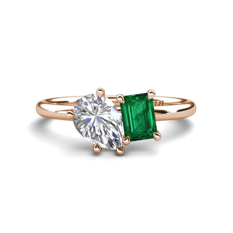 Nadya Pear Shape Forever Brilliant Moissanite & Emerald Shape Emerald 2 Stone Duo Ring 