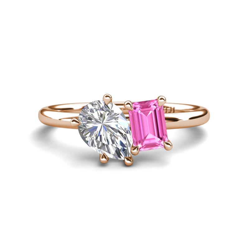 Nadya Pear Shape Forever One Moissanite & Emerald Shape Pink Sapphire 2 Stone Duo Ring 