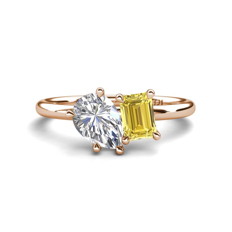 Nadya Pear Shape Forever One Moissanite & Emerald Shape Yellow Sapphire 2 Stone Duo Ring 