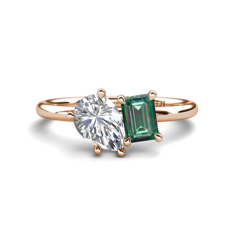 Nadya Pear Shape Forever One Moissanite & Emerald Shape Lab Created Alexandrite 2 Stone Duo Ring 