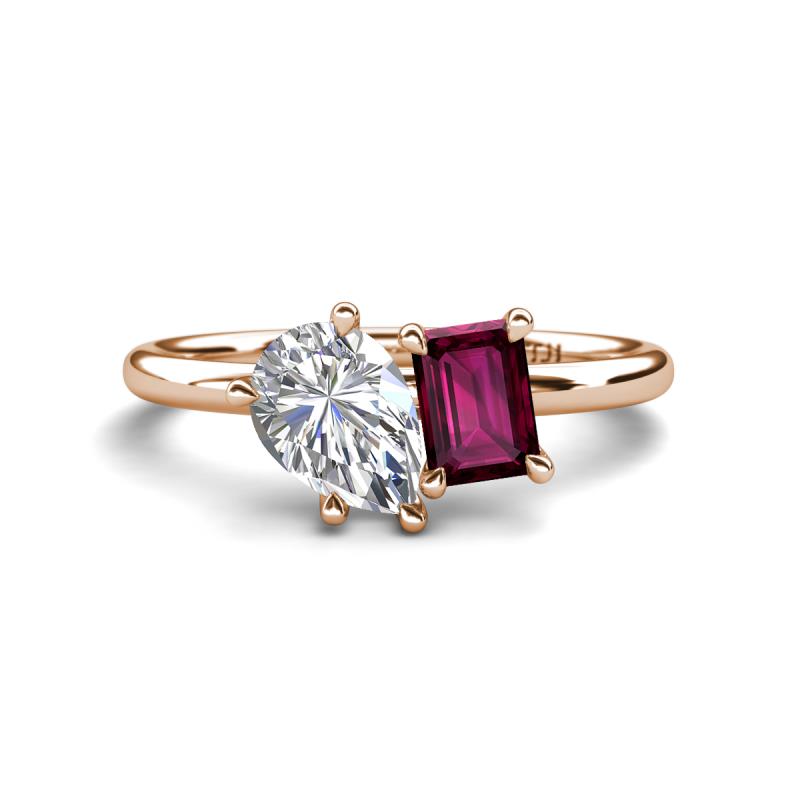 Nadya Pear Shape Forever One Moissanite & Emerald Shape Rhodolite Garnet 2 Stone Duo Ring 