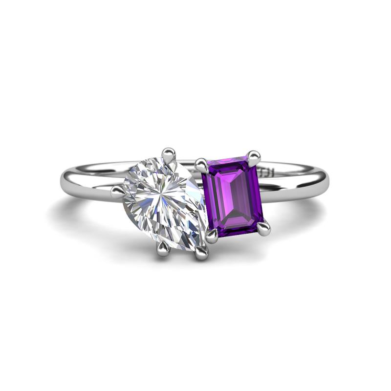 Nadya Pear Shape Forever One Moissanite & Emerald Shape Amethyst 2 Stone Duo Ring 