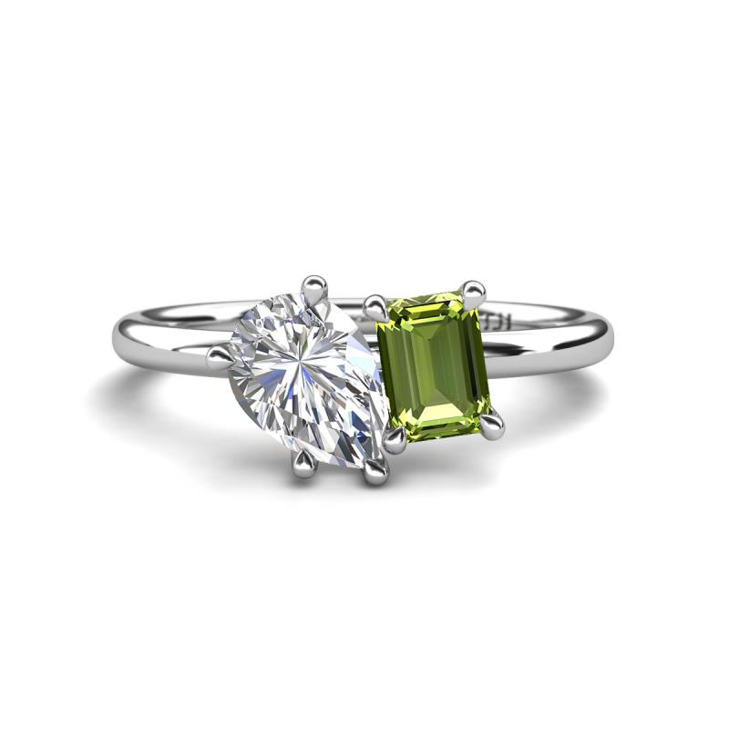 Nadya Pear Shape Forever One Moissanite & Emerald Shape Peridot 2 Stone Duo Ring 