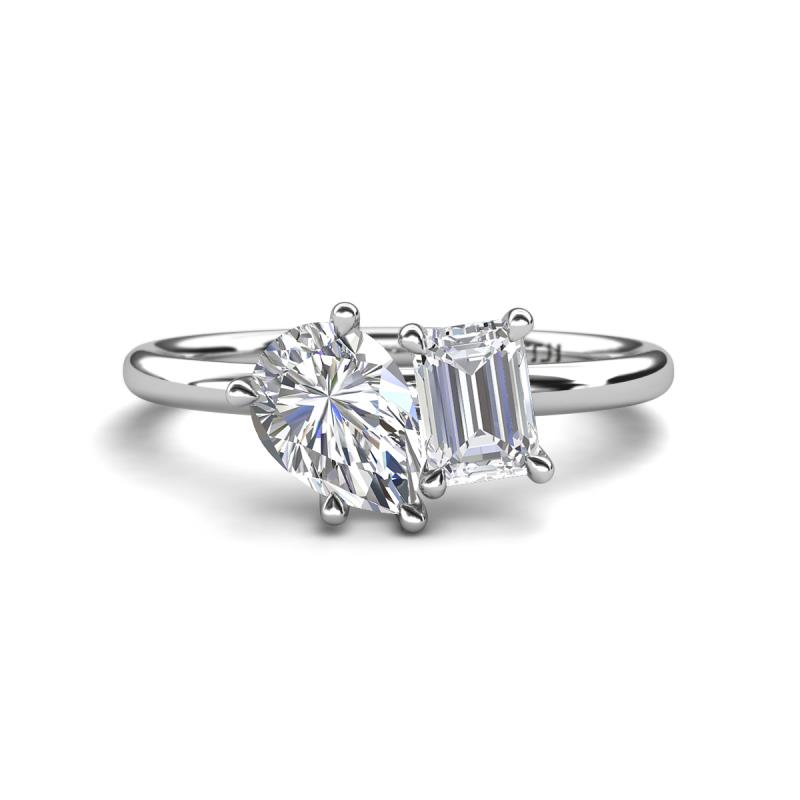 Nadya Pear Shape Forever Brilliant Moissanite & Emerald Shape White Sapphire 2 Stone Duo Ring 
