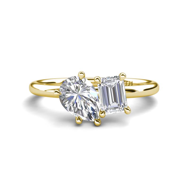 Nadya Pear Shape Forever One Moissanite & Emerald Shape White Sapphire 2 Stone Duo Ring 