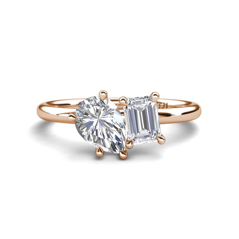 Nadya Pear Shape Forever One Moissanite & Emerald Shape White Sapphire 2 Stone Duo Ring 