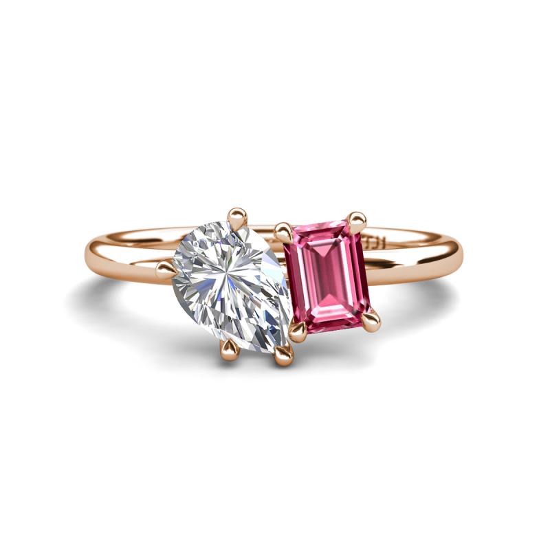 Nadya Pear Shape Forever One Moissanite & Emerald Shape Pink Tourmaline 2 Stone Duo Ring 