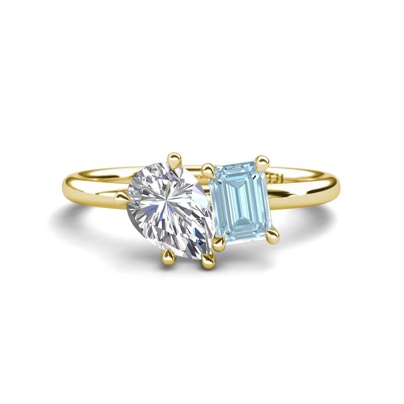 Nadya Pear Shape Forever Brilliant Moissanite & Emerald Shape Aquamarine 2 Stone Duo Ring 