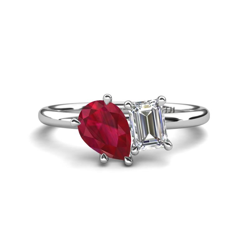 Nadya Pear Shape Lab Created Ruby & Emerald Shape GIA Certified Diamond 2 Stone Duo Ring 