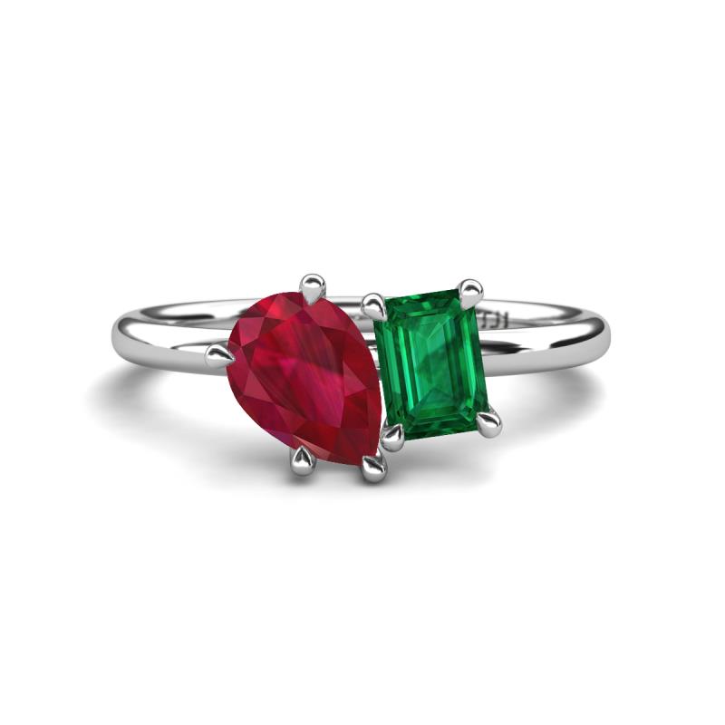Nadya Pear Shape Lab Created Ruby & Emerald Shape Emerald 2 Stone Duo Ring 
