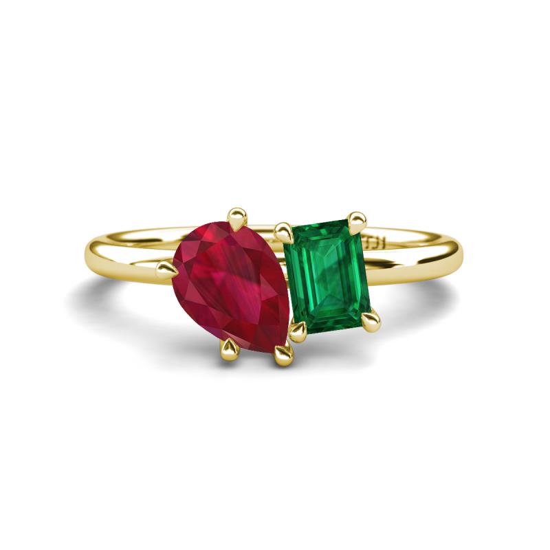 Nadya Pear Shape Lab Created Ruby & Emerald Shape Emerald 2 Stone Duo Ring 