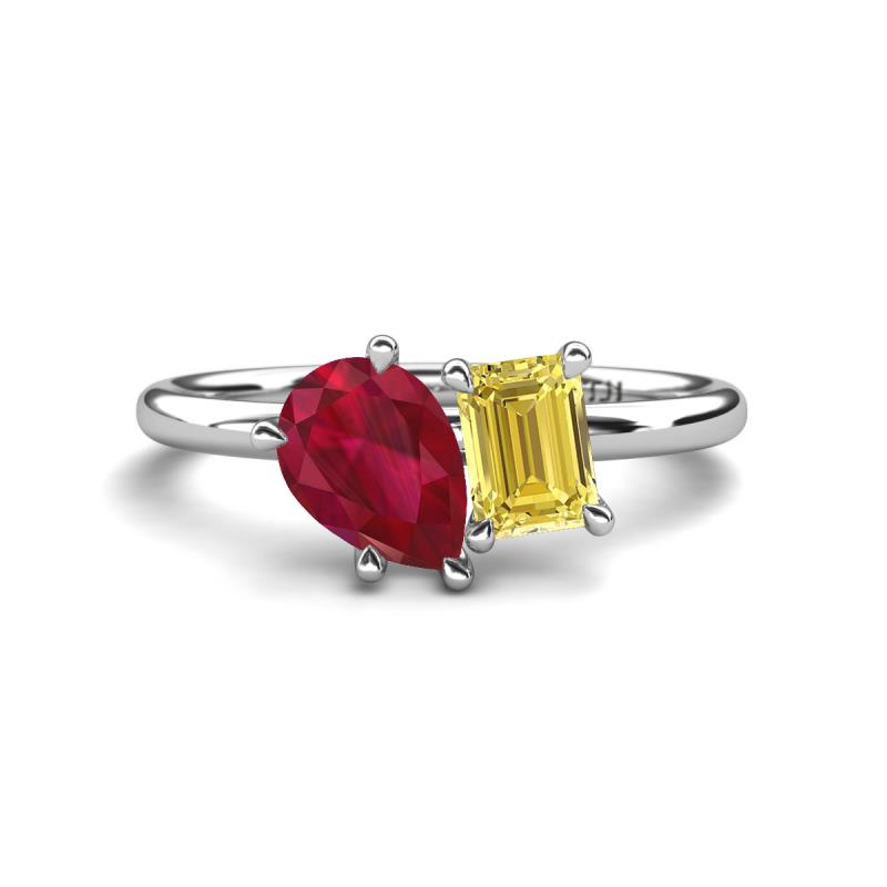 Nadya Pear Shape Lab Created Ruby & Emerald Shape Yellow Sapphire 2 Stone Duo Ring 