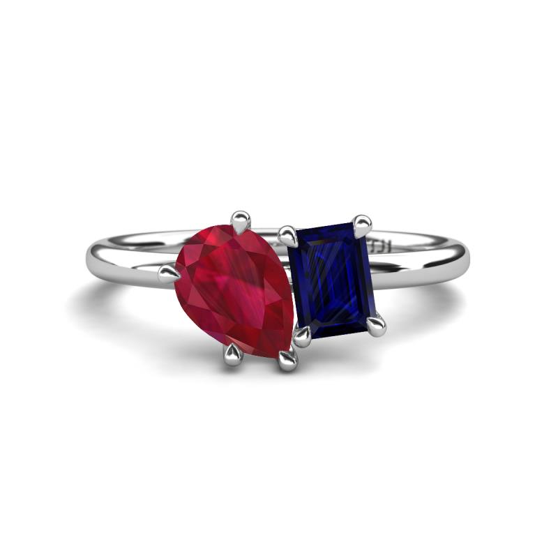 Nadya Pear Shape Lab Created Ruby & Emerald Shape Blue Sapphire 2 Stone Duo Ring 