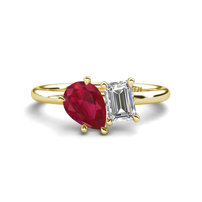 Nadya Pear Shape Lab Created Ruby & Emerald Shape Forever One Moissanite 2 Stone Duo Ring 