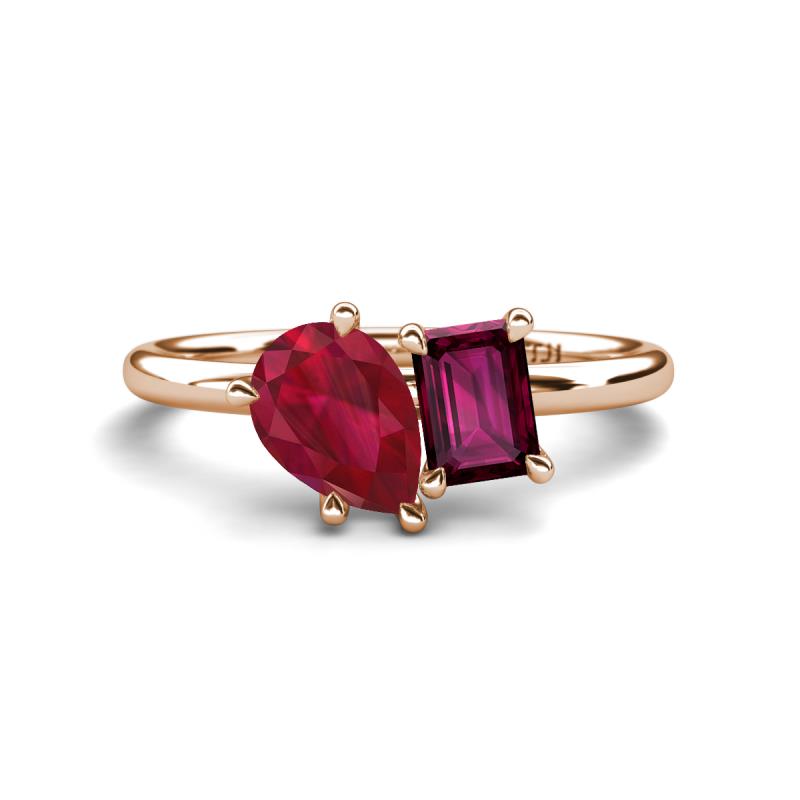 Nadya Pear Shape Lab Created Ruby & Emerald Shape Rhodolite Garnet 2 Stone Duo Ring 