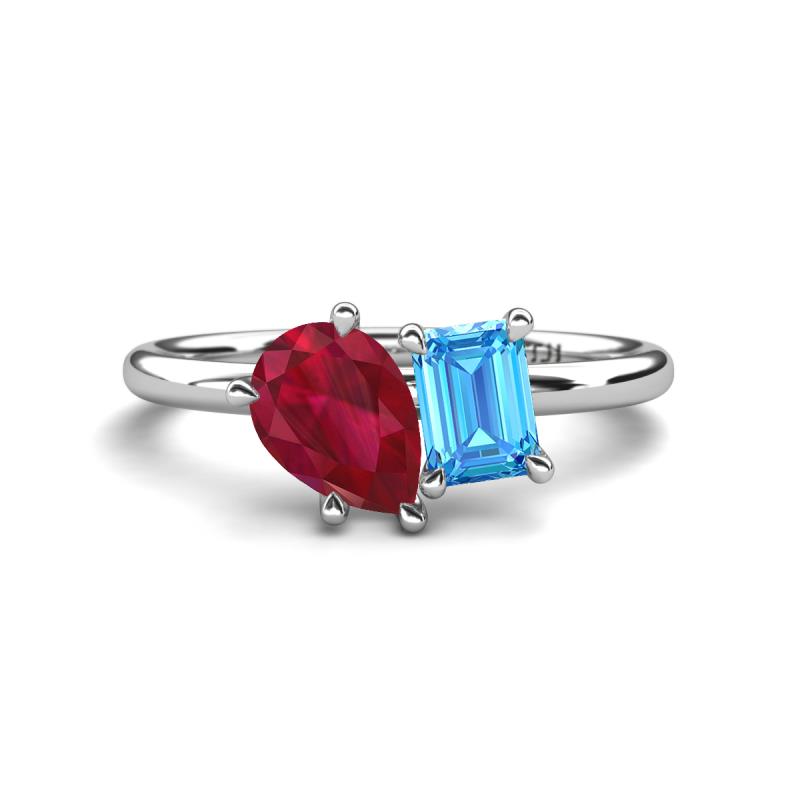 Nadya Pear Shape Lab Created Ruby & Emerald Shape Blue Topaz 2 Stone Duo Ring 