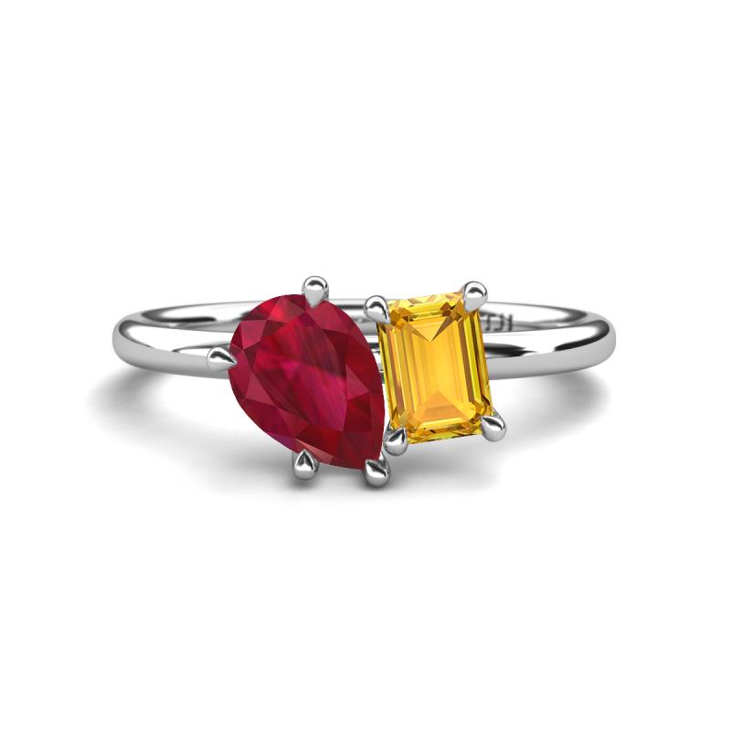 Nadya Pear Shape Lab Created Ruby & Emerald Shape Citrine 2 Stone Duo Ring 