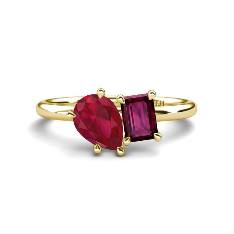 Nadya Pear Shape Lab Created Ruby & Emerald Shape Rhodolite Garnet 2 Stone Duo Ring 