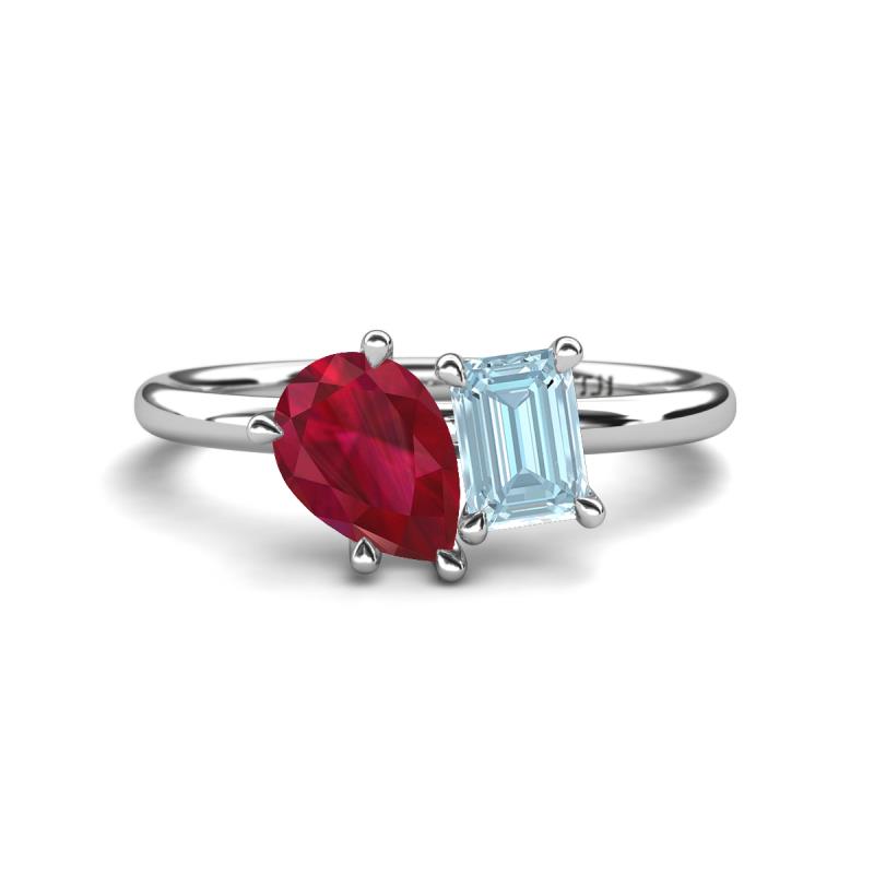 Nadya Pear Shape Lab Created Ruby & Emerald Shape Aquamarine 2 Stone Duo Ring 