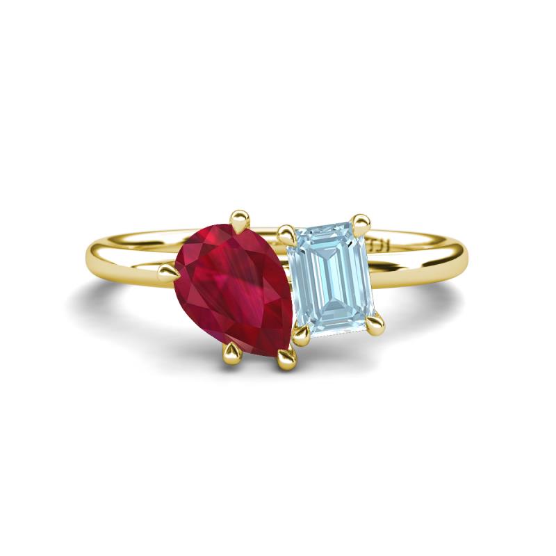 Nadya Pear Shape Lab Created Ruby & Emerald Shape Aquamarine 2 Stone Duo Ring 