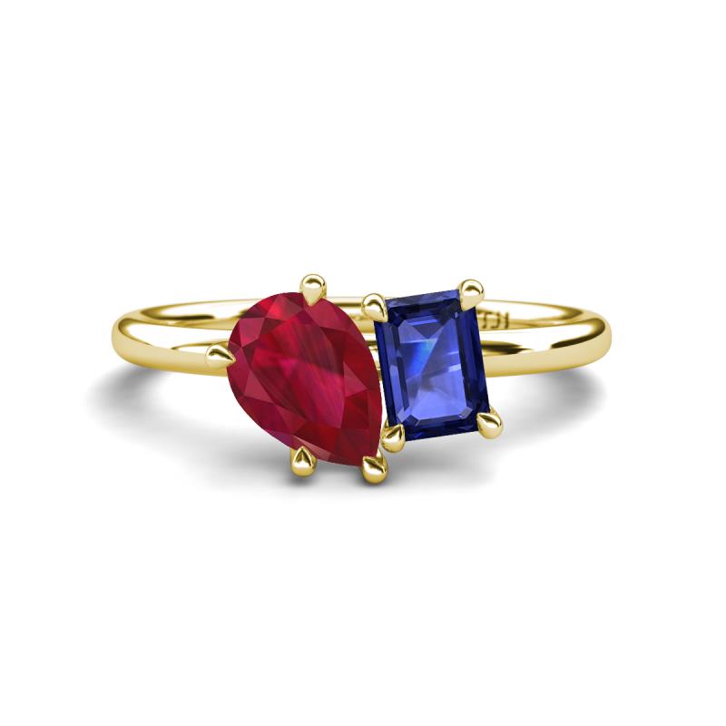 Nadya Pear Shape Lab Created Ruby & Emerald Shape Iolite 2 Stone Duo Ring 