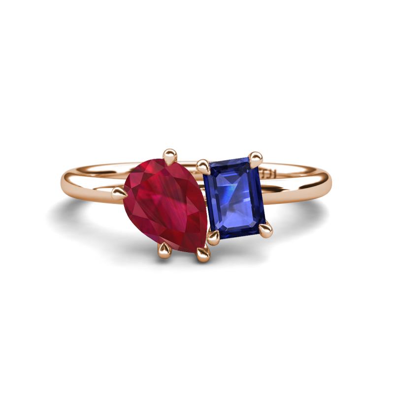 Nadya Pear Shape Lab Created Ruby & Emerald Shape Iolite 2 Stone Duo Ring 