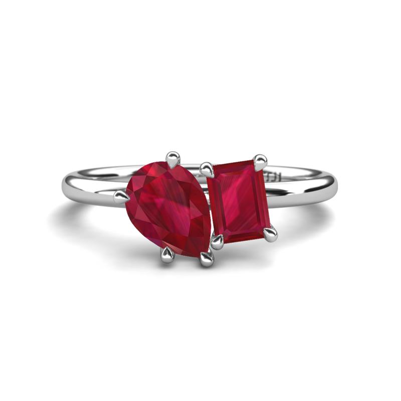 Nadya Pear Shape Lab Created Ruby & Emerald Shape Ruby 2 Stone Duo Ring 