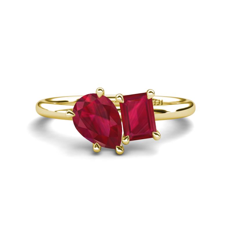 Nadya Pear Shape Lab Created Ruby & Emerald Shape Ruby 2 Stone Duo Ring 