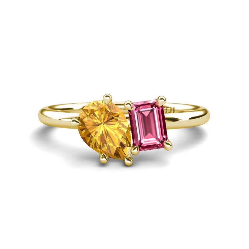 Nadya Pear Shape Citrine & Emerald Shape Pink Tourmaline 2 Stone Duo Ring 