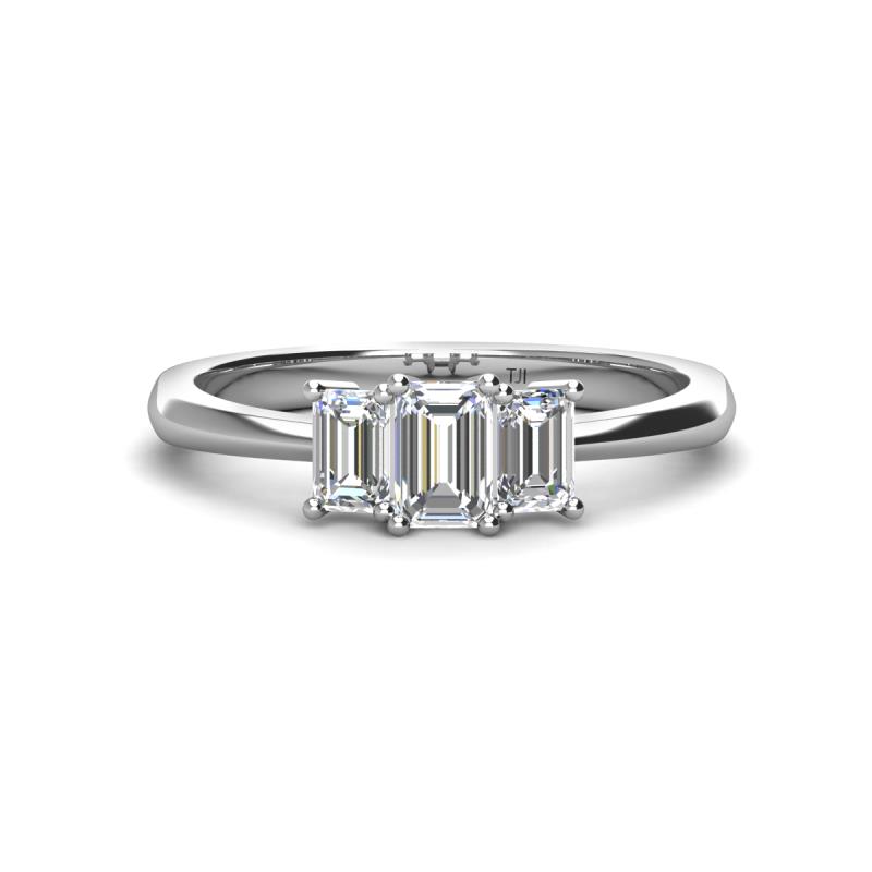 Daria 6x4 mm Emerald Cut Forever Brilliant Moissanite and Diamond Side Gallery Work Three Stone Engagement Ring 